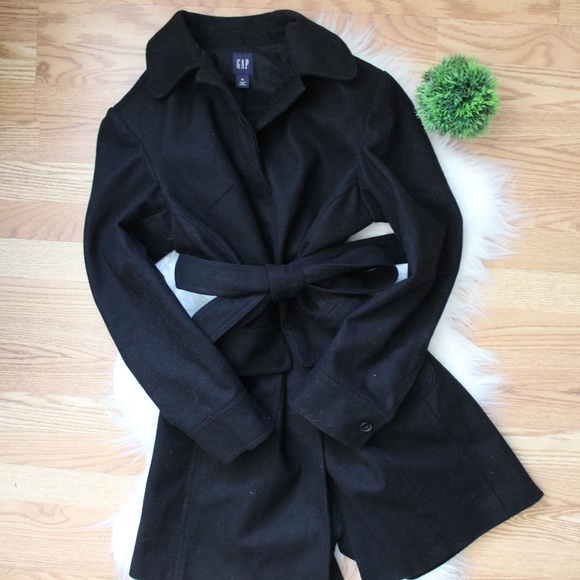 Gap Womens Tie Waist Black Wool Coat XL EUC